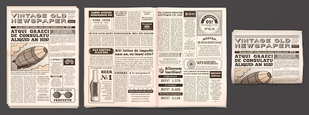 Vintage newspaper mockup, retro newsprint pages, tabloid magazine and old news isolated 3d  template