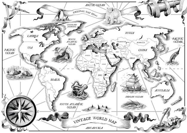 Vintage old world map hand draw engraving style black and white clip art on white