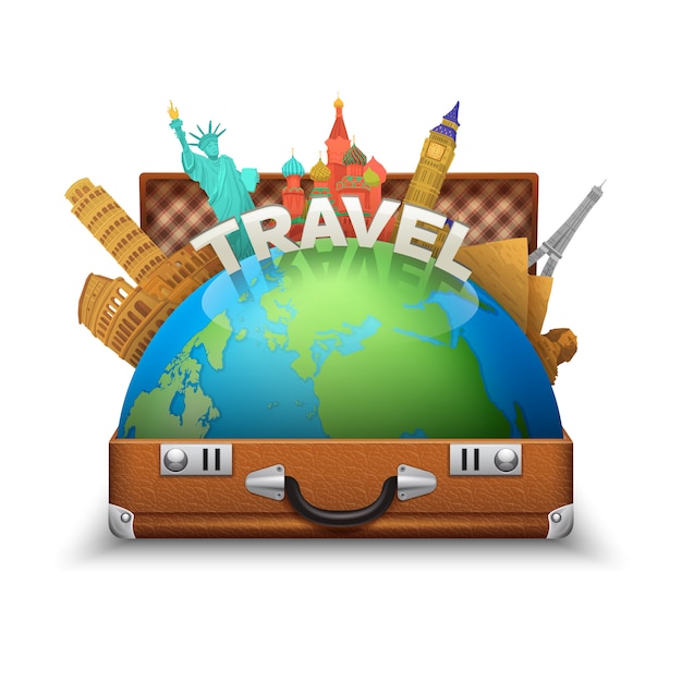 Винтажный открытый туристический чемодан с земным шаром и мировыми достопримечательностями внутри