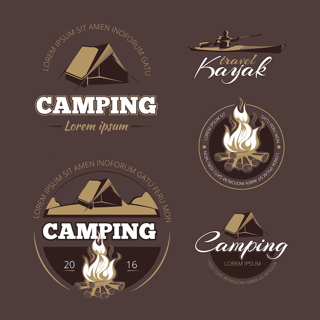 ヴィンテージアウトドアアドベンチャーとキャンプベクトルカラーラベルセット。アウトドアキャンプ、ビンテージキャンプ、ロゴアドベンチャーキャンプのイラストにラベルを付ける