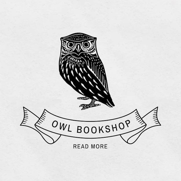 Free vector vintage owl linocut badge editable template