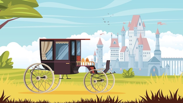 Vettore gratuito sfondio di carrozza passeggeri vintage con illustrazione vettoriale realistica del castello e della cabina