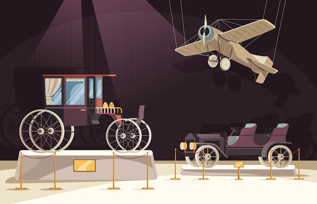 Бесплатное векторное изображение Винтажный фонаж пассажирского вагона с символами выставки реалистичная векторная иллюстрация
