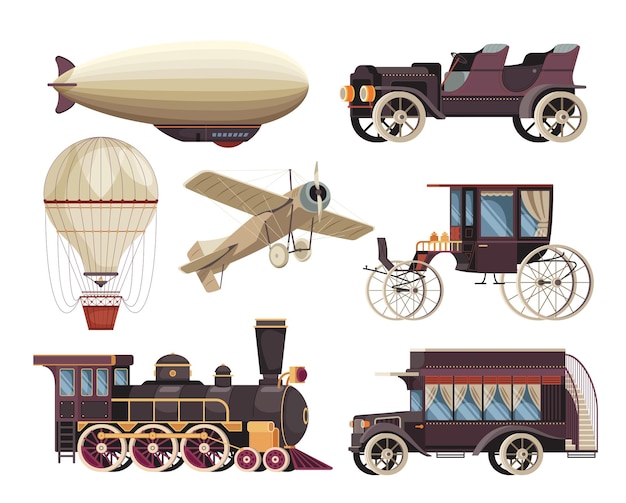 Винтажный пассажирский вагон с автомобилем и воздушным шаром реалистичная изолированная векторная иллюстрация
