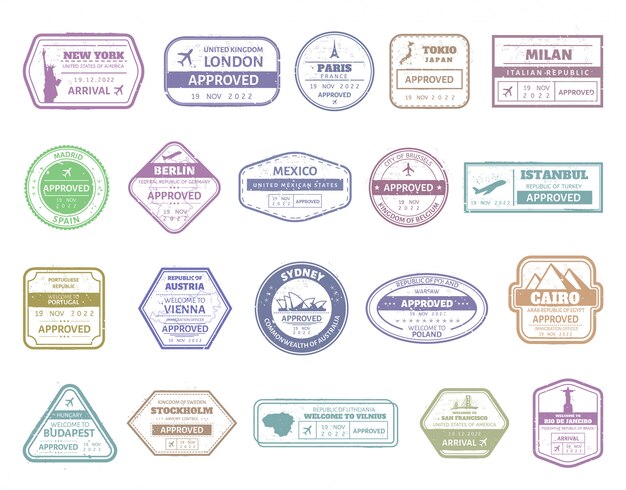 Premium Vector Vintage Passport Stamp Airport Cachet Mark Passport Visa International Arrived Stamps Usa Uk France Italy Japan And Spain Air Boarder Stamp Frames Set Travel Arrival Signs