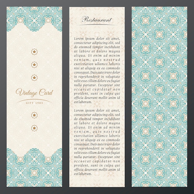 Vintage pattern labels vertical cards in ethnic design eastern floral frame