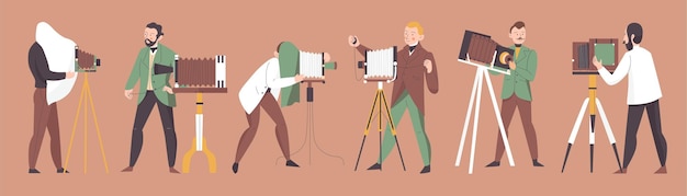 Бесплатное векторное изображение Винтажный фотограф с фотоаппаратами и оригинальными аксессуарами