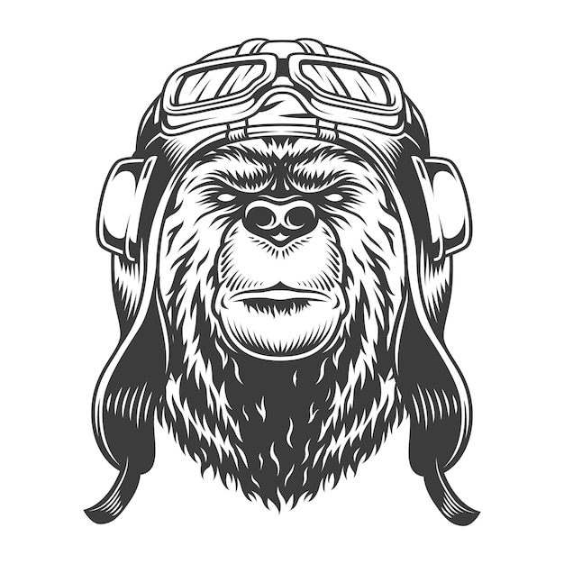 Vintage pilot bear head in helmet in monochrome style isolated vector illustration