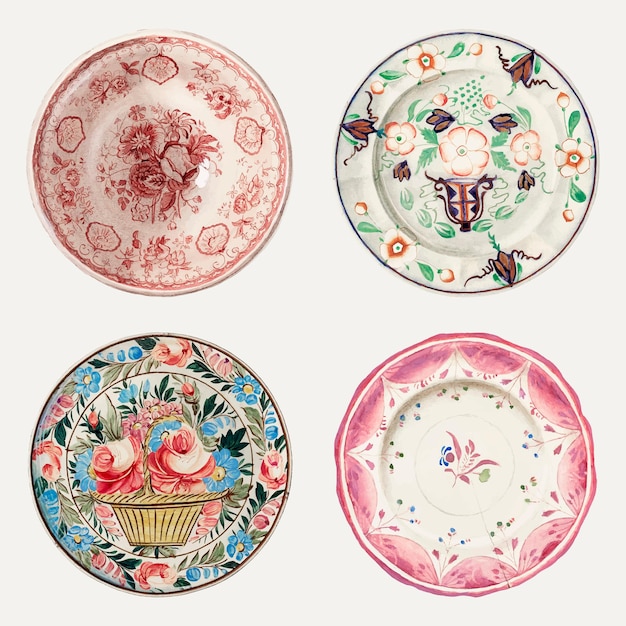 Vintage plate illustration vector set, remixed from public domain collection