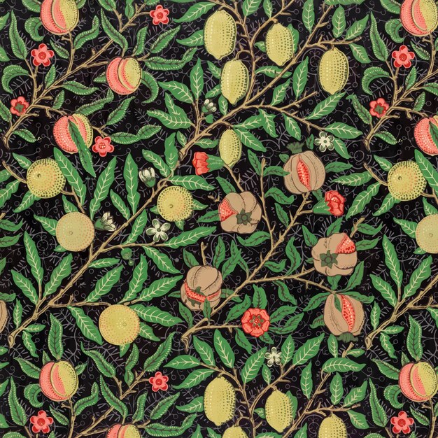 Vintage pomegranate and flowers on branches pattern vector