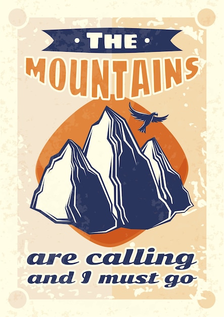 Design poster vintage con illustrazione di montagne e un'aquila