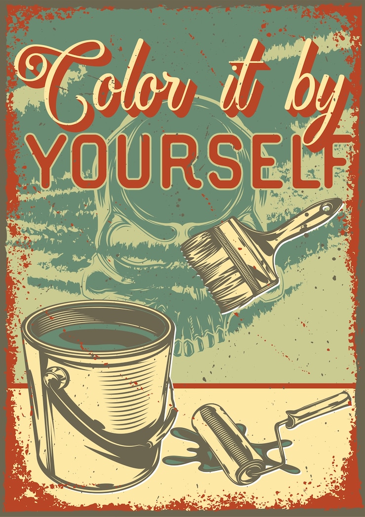 मुफ़्त वेक्टर vintage poster with illustration of a bucket with paint and brushes