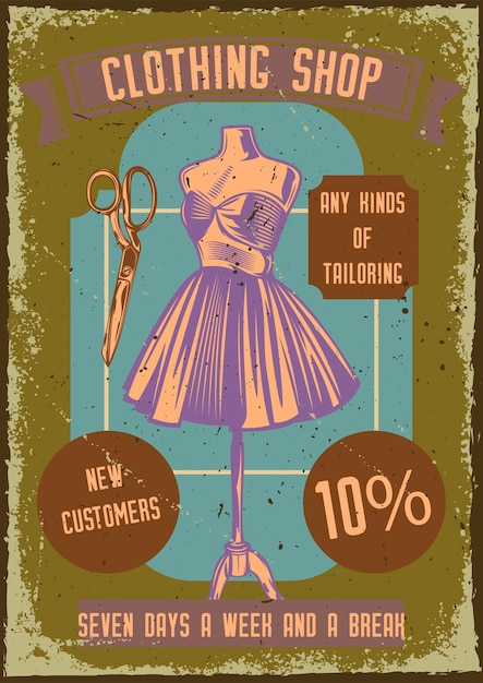 Vettore gratuito poster vintage con illustrazione di un manichino con un vestito e le forbici