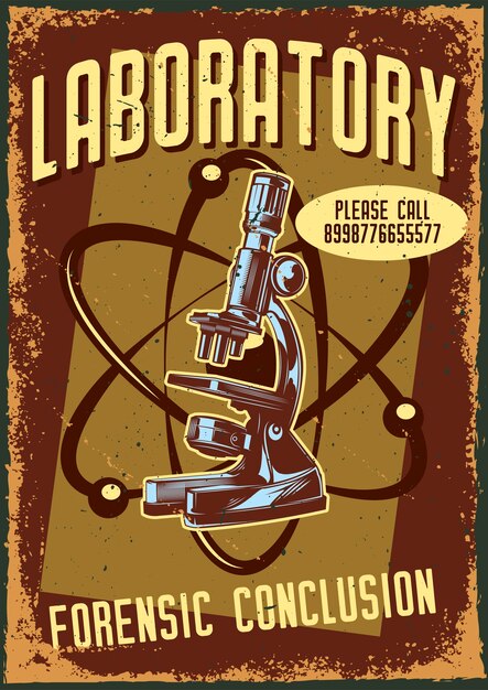 Vintage poster with illustration of a microscope and an atom