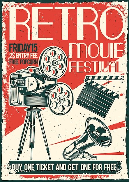Vintage poster with illustration of a projector and megaphone