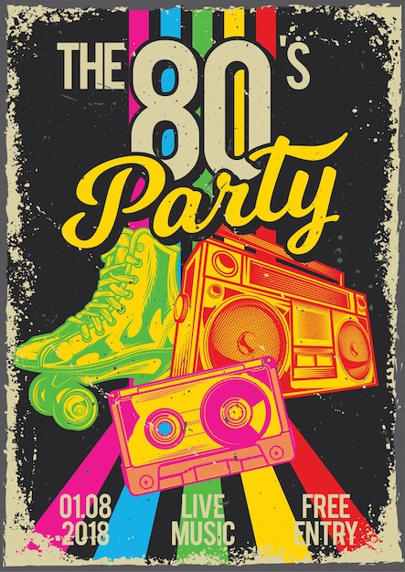 Винтажный плакат с изображением роликовых коньков, кассеты и радио