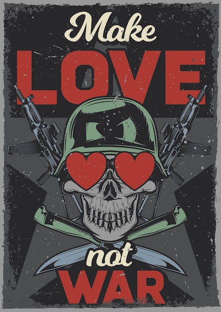 Free vector vintage poster with illustration of a skull with hearts in its eyes, ak-47 and knives