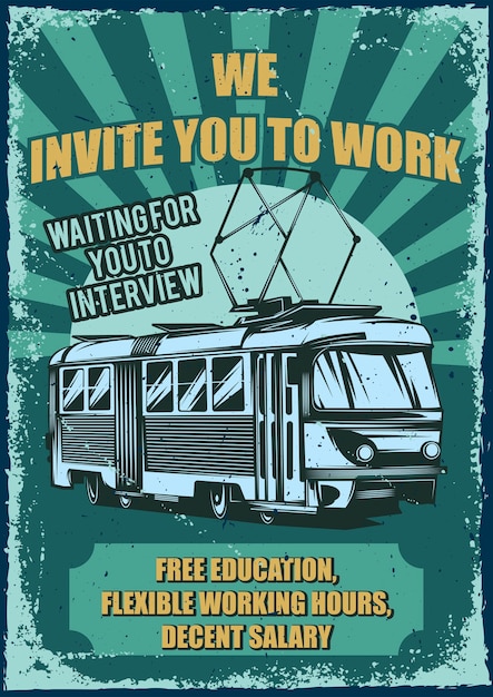 Vettore gratuito poster vintage con illustrazione di un tram