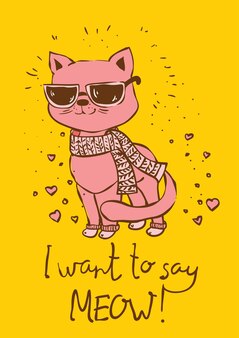 Винтажный плакат со стильной кошкой. векторный модный хипстерский дизайн поздравительных открыток, печать на футболках