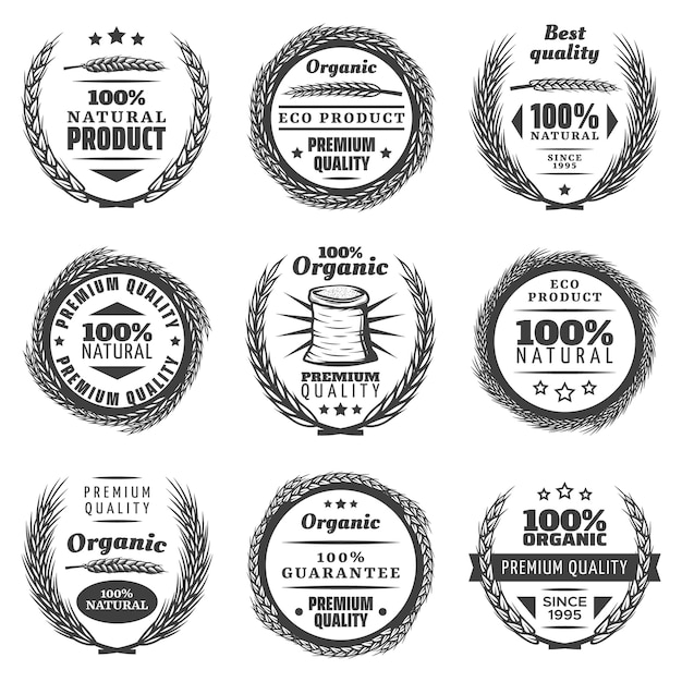 Vintage premium cereal products labels set with letterings wheat ears natural wreathes in monochrome style isolated