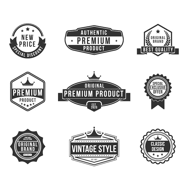 Vettore gratuito set di badge piatto prodotto premium vintage