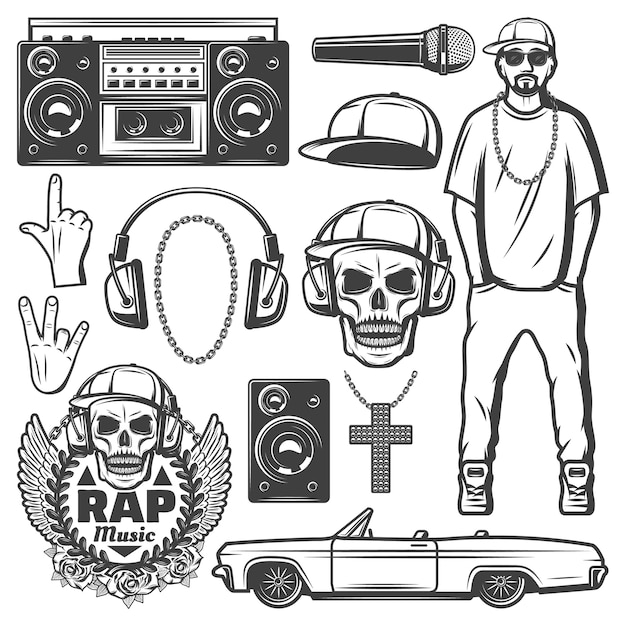 Vintage rap music elements collection with rapper boombox microphone cap chain necklace loudspeaker car skull label headphones isolated