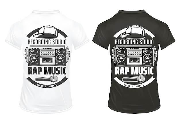 Free vector vintage rap music prints template with inscriptions recorder microphone cap on black and white shirts isolated