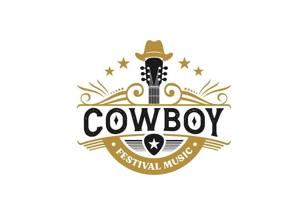 Винтажная ретро классическая гитара в ковбойской шляпе. шаблон логотипа эмблемы западной музыки кантри