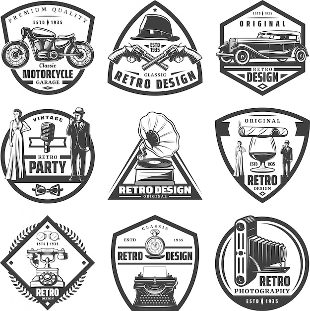 Free vector vintage retro labels set with motorcycle car guns hat gentleman woman typewriter gramophone cigaro camera phone glass of whiskey isolated