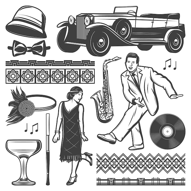 Vintage retro party elements set with dancing man woman classic car female headgears mouthpiece wineglass vinyl saxophone traceries isolated