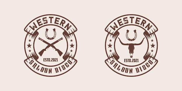 Vintage retro wild west western longhorn and gun logo design template