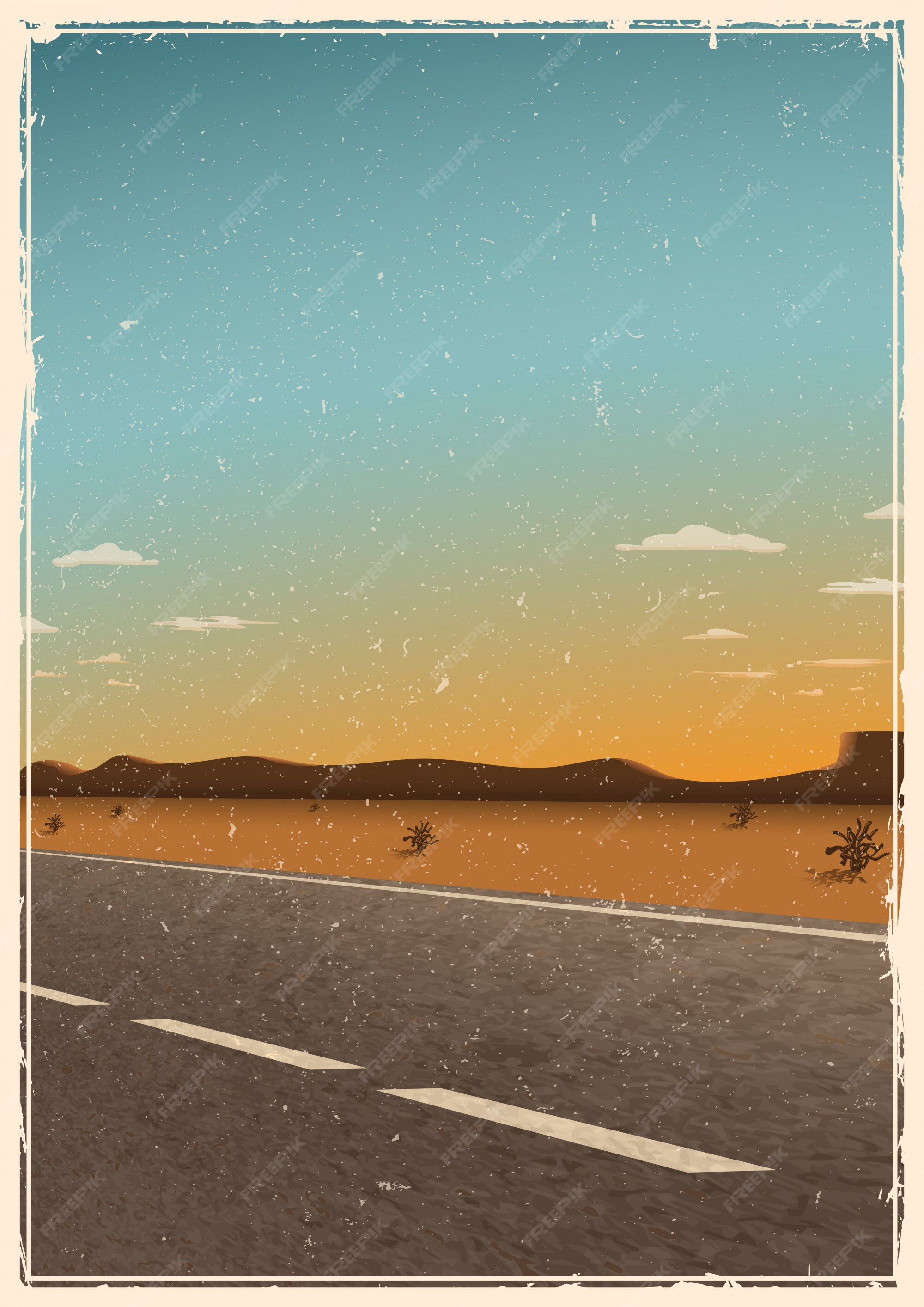 Free Vector | Vintage road poster template, background with asphalt road,  desert, mountains and sunset. grunge texture