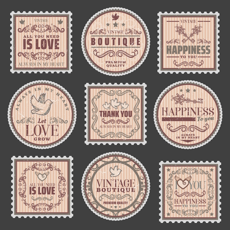Free Vector vintage romantic colored stamps set with amorous inscriptions elegant frames pretty vignettes