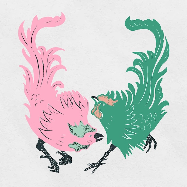 Free vector vintage roosters bird linocut style collection