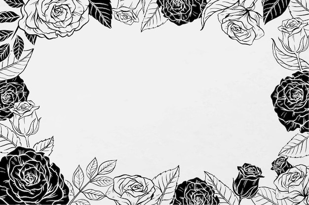Старинный фон рамки розы, цветочные иллюстрации в черно-белом векторе