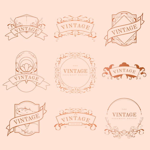 Vintage rose gold art nouveau badge vector set