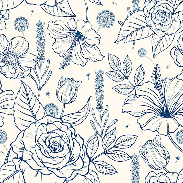 ヴィンテージのバラのパターンの背景、青い植物画ベクトル