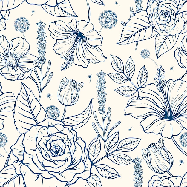 Vintage rose pattern background, blue botanical illustration vector