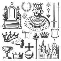 Vintage elementi reali impostati con re trono corona di alloro spada lancia corona tromba monarchia orb castello scudo scettro tazza isolato