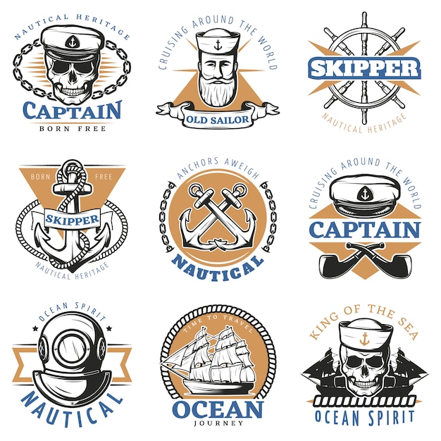 Vettore gratuito set di badge marinaio vintage