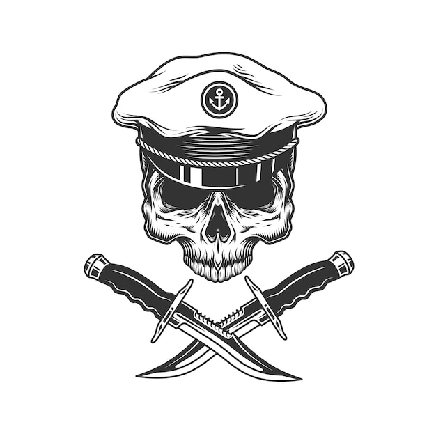 Free vector vintage sea captain skull without jaw