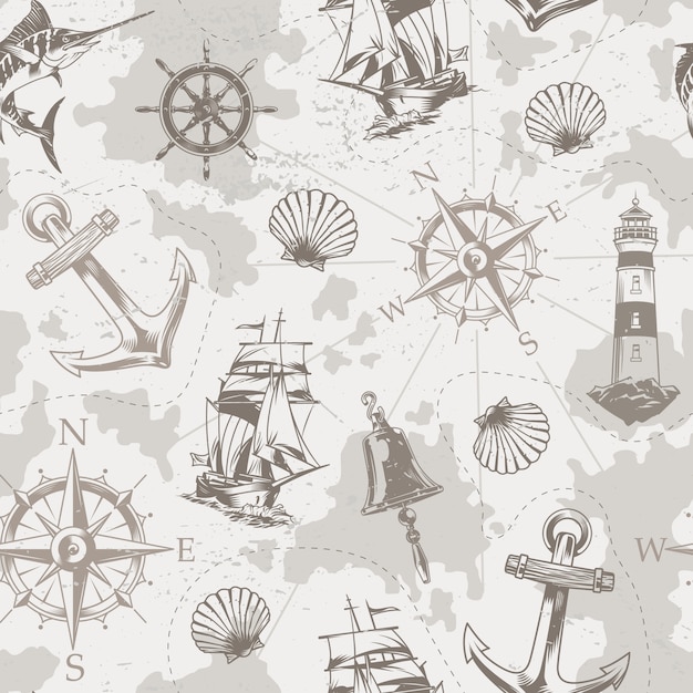 Vintage sea and marine seamless pattern