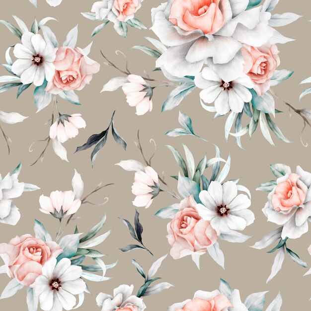 vintage seamless pattern of beige roses with leaves and flowers