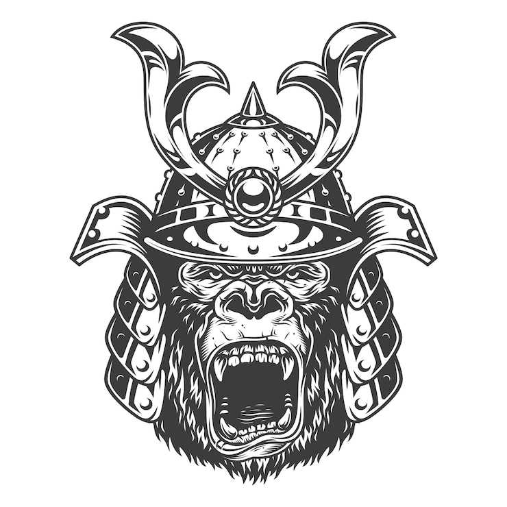 Free Vector vintage serious gorilla warrior in samurai helmet in monochrome style   illustration