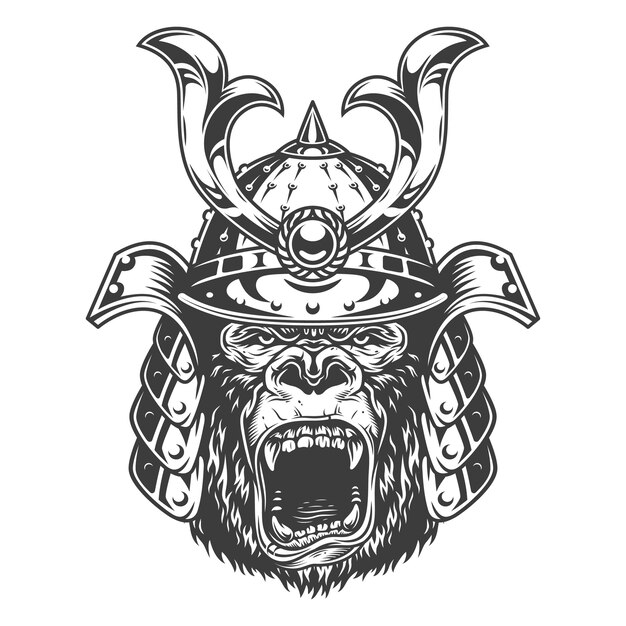 Vintage serious gorilla warrior in samurai helmet in monochrome style   illustration