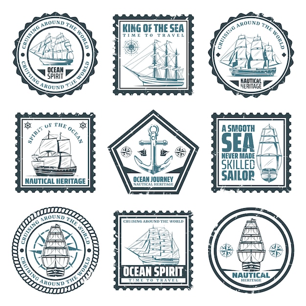 Vintage ships and vessels stamps set with inscriptions boats navigational compass and anchor isolated