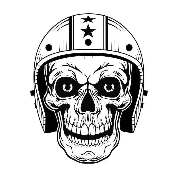 Vintage skull in helmet vector illustration. Monochrome dead head of biker