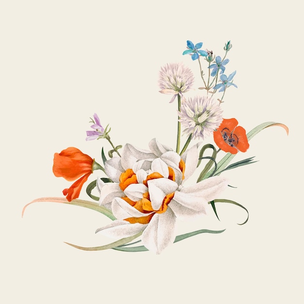 パブリックドメインのアートワークからリミックスされたヴィンテージの春の花のイラスト