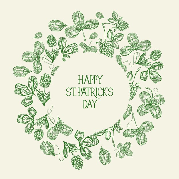 Vintage St Patricks Day green greeting card with inscription in round frame and sketch irish clover vector illustration