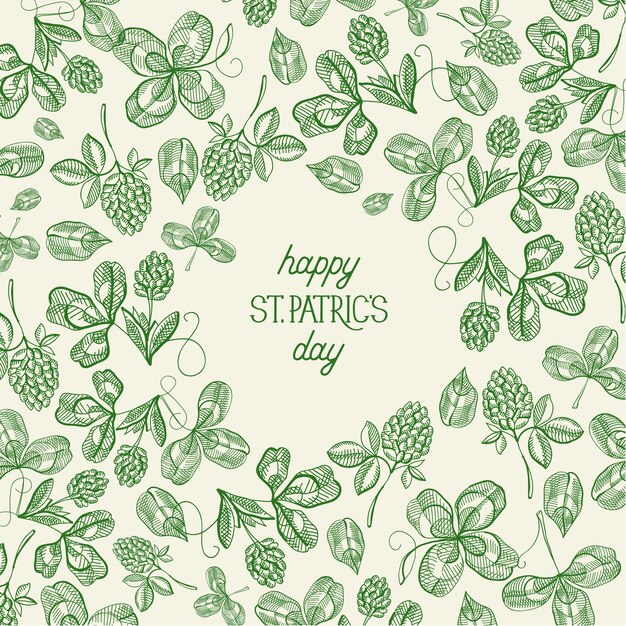 Vintage St Patricks Day green template with inscription sketch irish shamrock and four leaf clover vector illustration